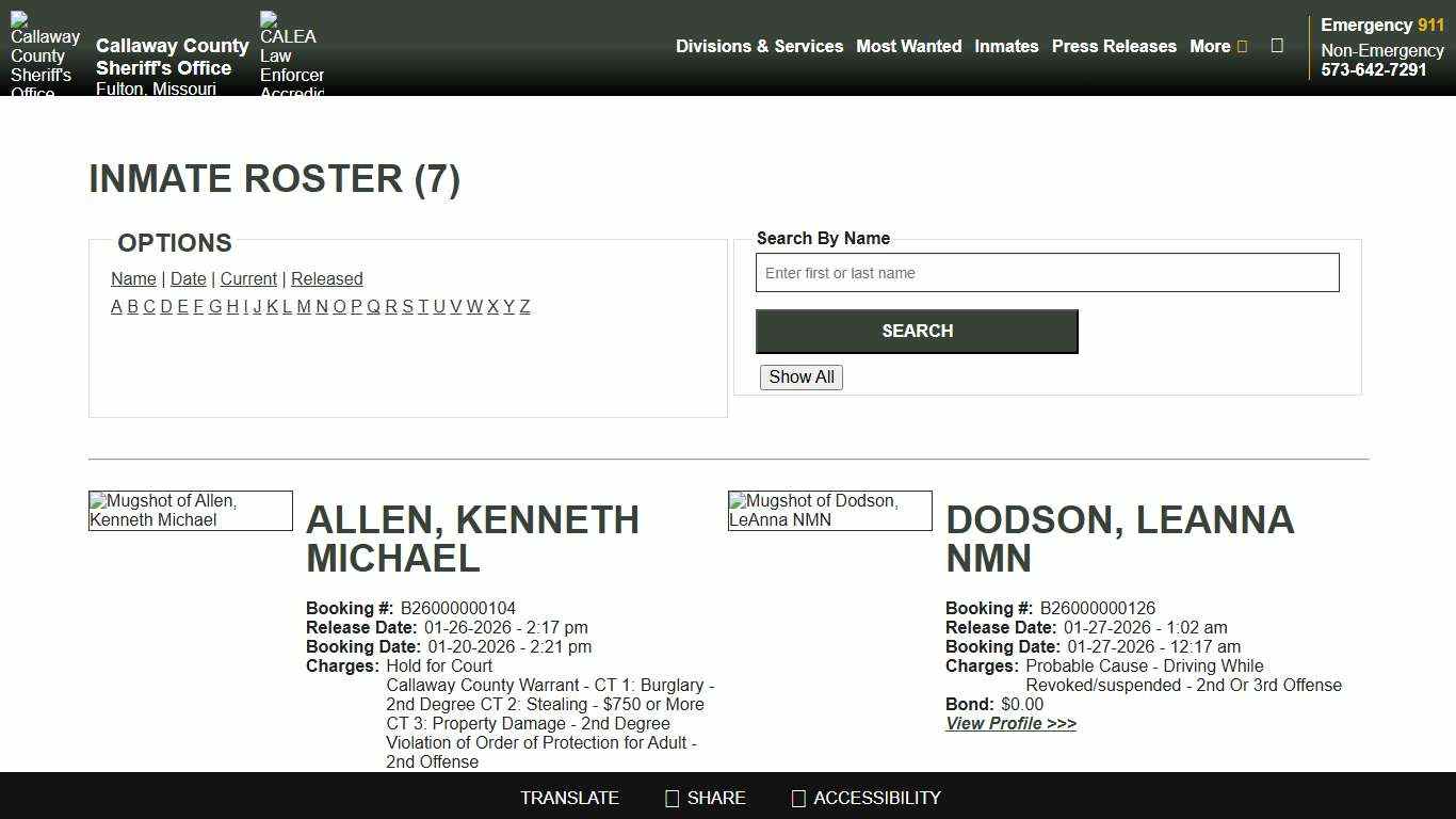 Inmate Roster - Page 1 Released Inmates - Callaway County Sheriff's Office, Missouri